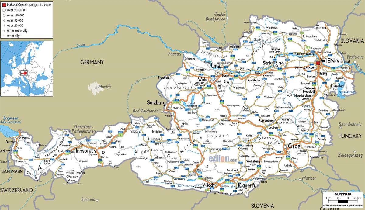 detaljerad karta över österrike med städer